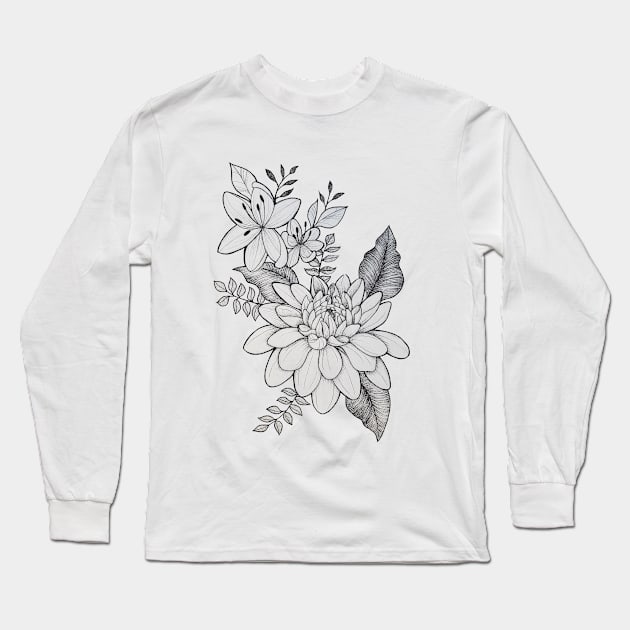 Fine line chrysanthemum and tiger lilies Long Sleeve T-Shirt by fun chaos amy